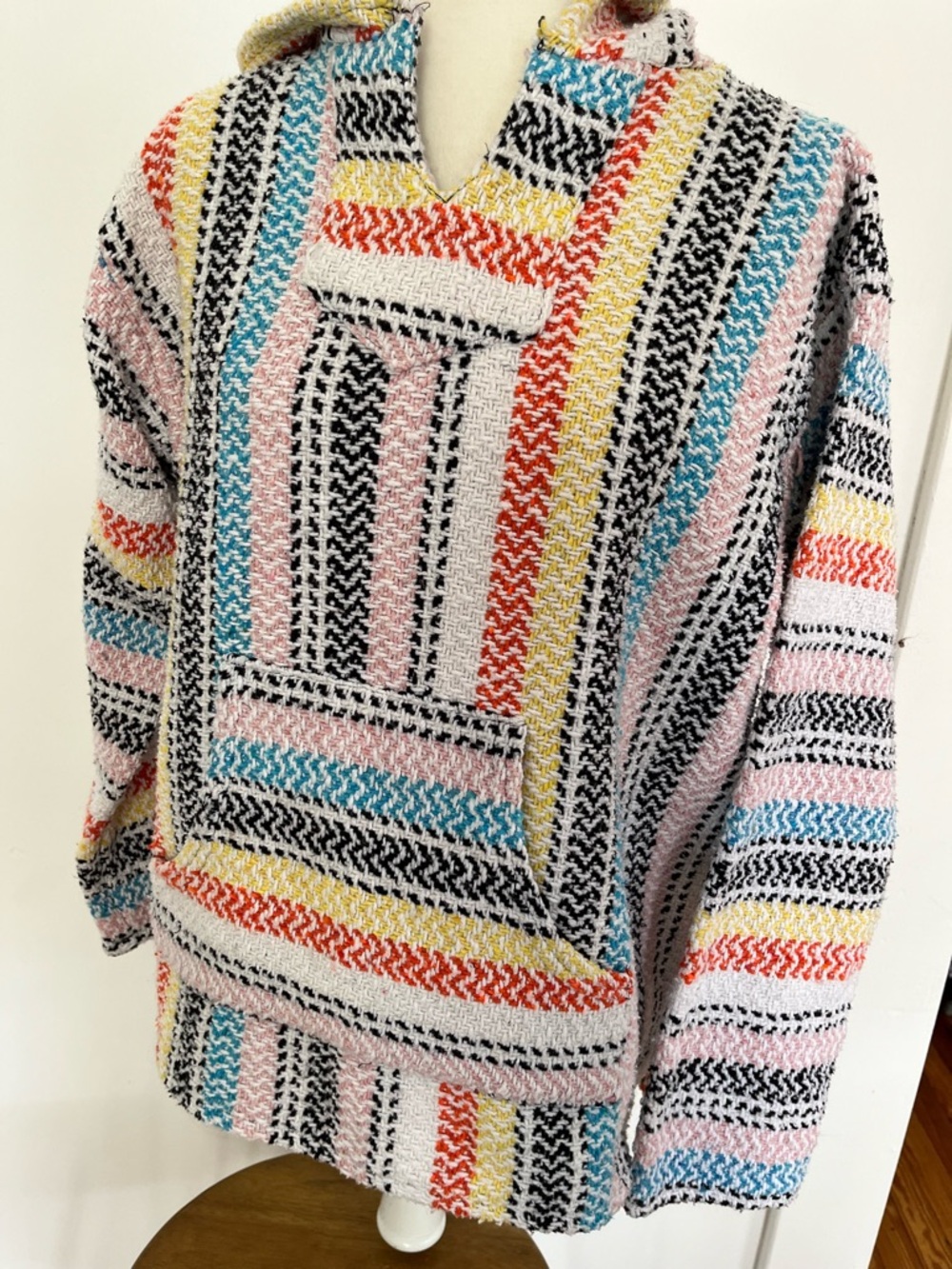 Multicolor Striped Baja-Style Crochet hooded pullover Sweater